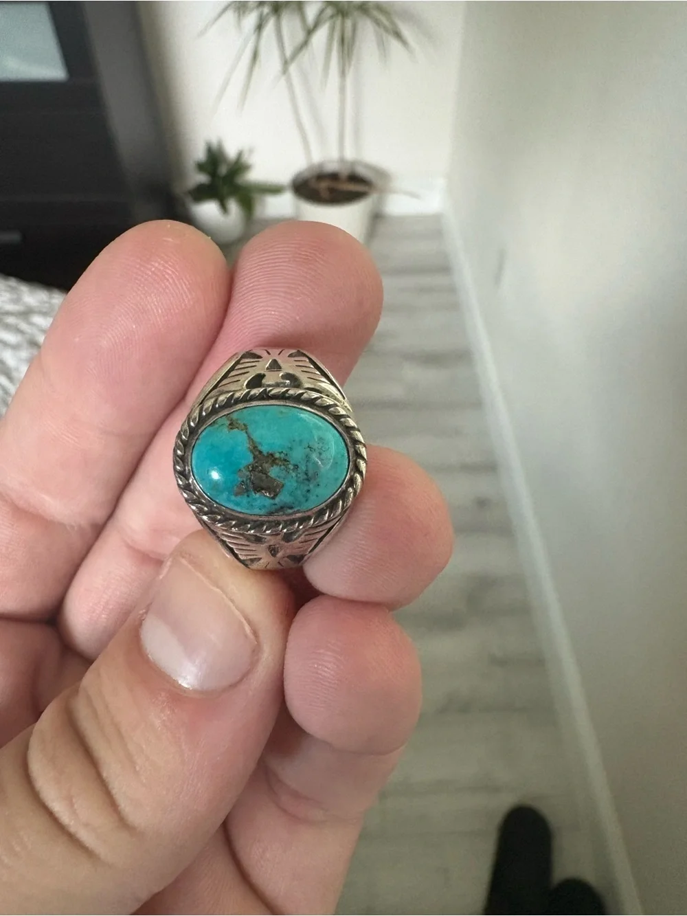 NAVAJO / T. HASTEEN Turquoise Stone STERLING Silver Men's Ring WITH EAGLE